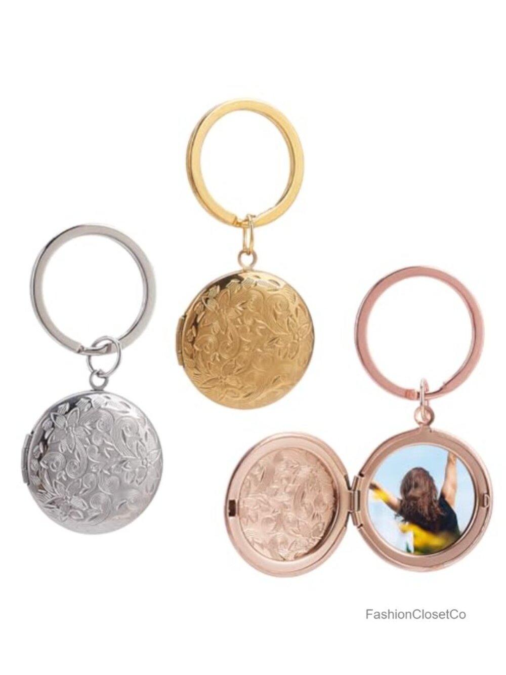 Vintage Carved Floral Photo Locket Keychain 3 Pack Stainless Steel